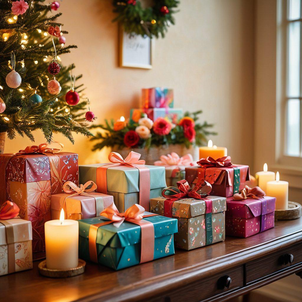 A beautifully arranged gift table filled with diverse, thoughtfully wrapped presents showcasing various occasions like birthdays, weddings, and holidays, each with unique tags and heartfelt messages. In the background, a soft, warm light setting creates a cozy atmosphere, while decorative elements like flowers and seasonal items enhance the theme of meaningful gifting. super-realistic. vibrant colors. soft focus.
