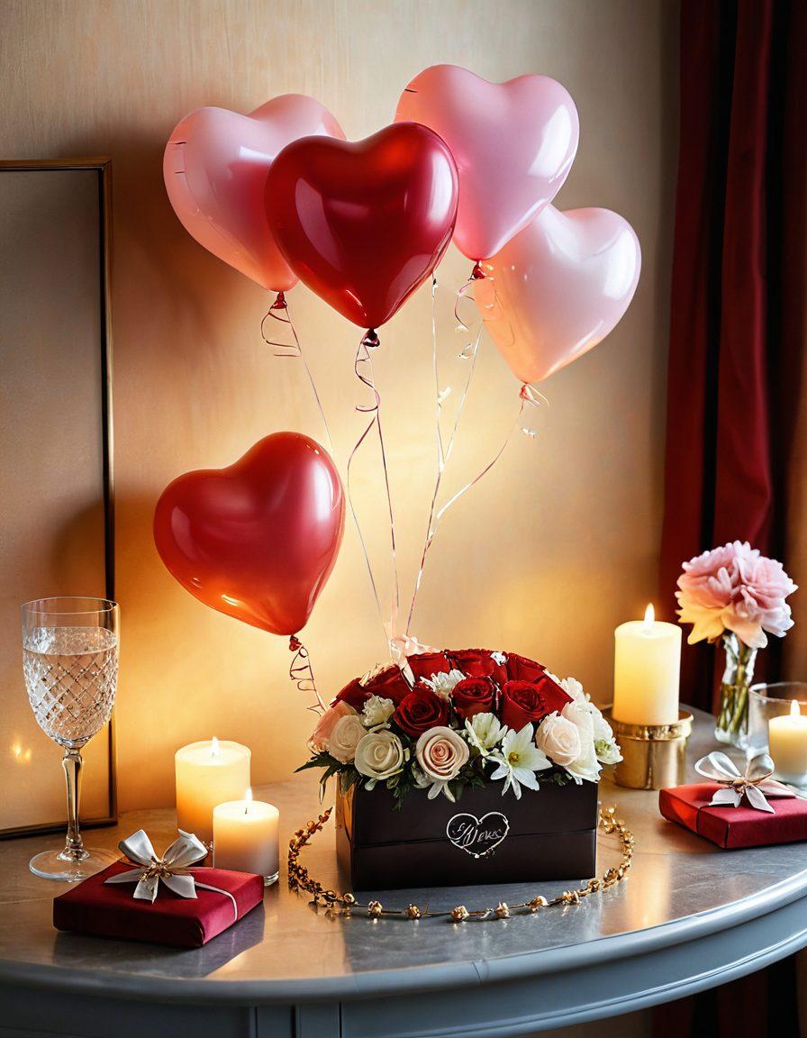 A beautifully arranged collection of unique gifts for different occasions, including Valentine's Day and anniversaries. Feature a heart-shaped box filled with romantic items, a delicate piece of jewelry, and a personalized photo frame, all on a table adorned with subtle floral decorations. The background should convey a sense of warmth and celebration, hinting at various festive elements like balloons and candles. soft lighting, elegant ambiance, romantic theme. super-realistic. vibrant colors.