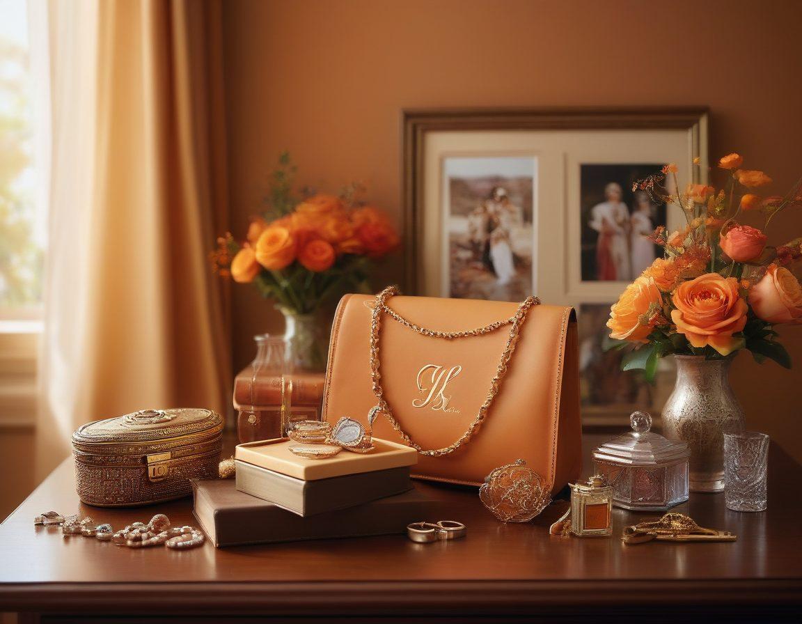A beautifully arranged display of personalized gifts, featuring items like custom-engraved jewelry, monogrammed bags, and unique photo frames, all set against a warm, inviting backdrop. Include soft, natural lighting that highlights the details of each gift, with a handwritten note visible, symbolizing thoughtfulness. The scene should evoke feelings of joy and surprise as if the viewer has just received one of these cherished items. super-realistic. warm colors. soft focus.